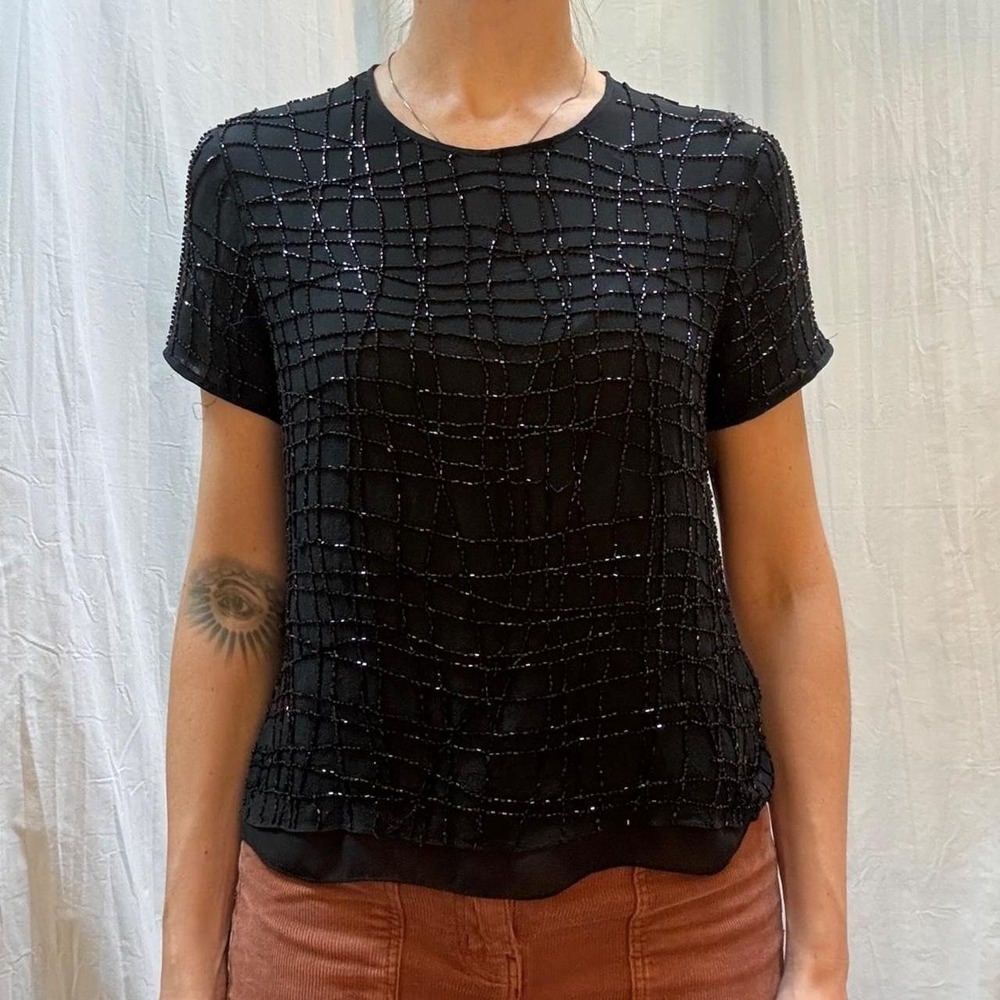 Black Silk Beaded Blouse Jones New York Vintage 90s Small Goth Whimsygoth